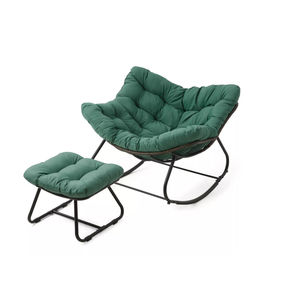 Dark green egg-style rocking chair with cushioned ottoman and black metal base