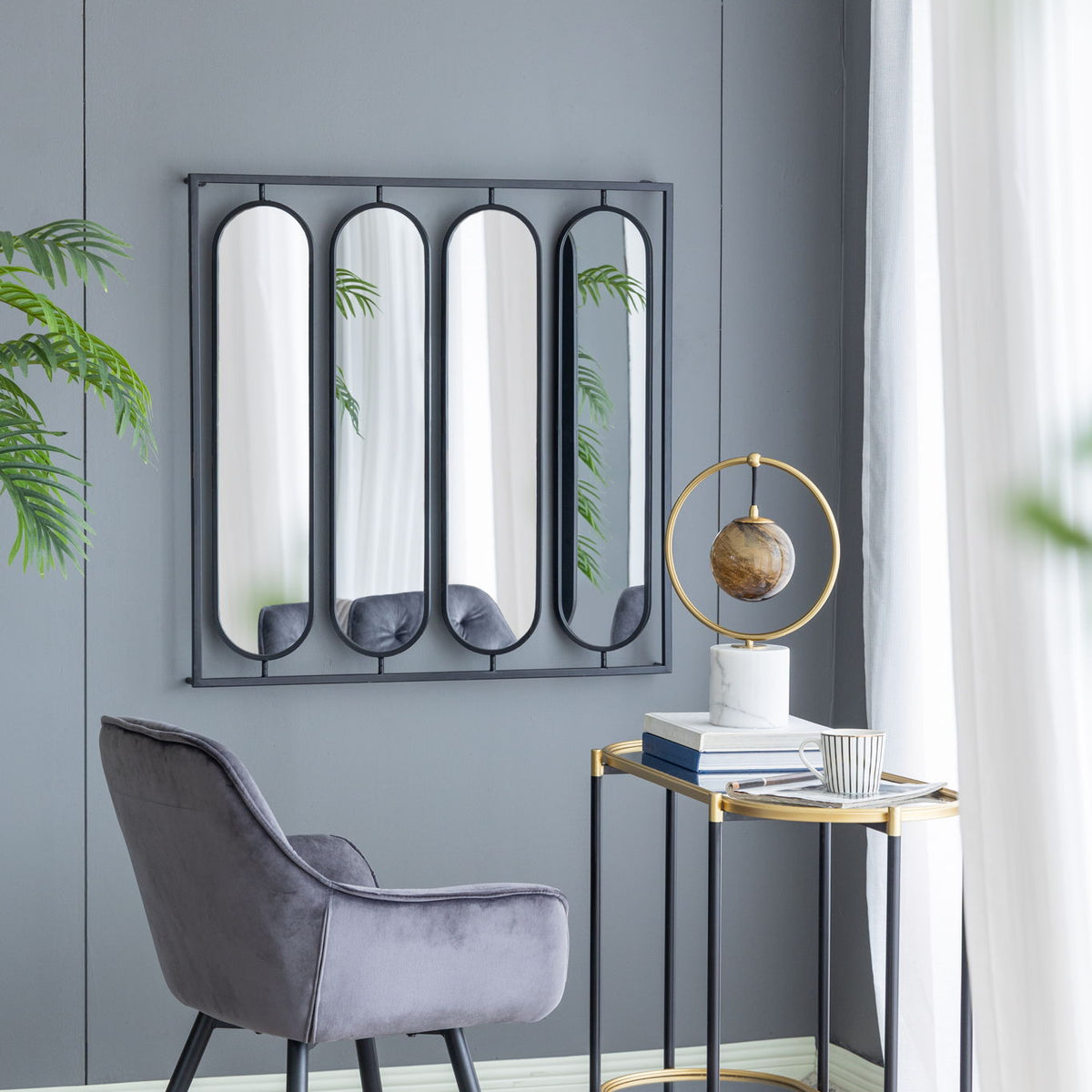 Large 4 Oval Wall Mirror With Square Frame, Home Decor For Living Room, Bedroom, Entryway, Office - Black