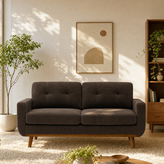 Dark brown two-seat sofa with tufted cushions and tapered wooden legs