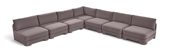 Gray armless velvet sectional sofa with ottoman-style seats, 7-piece set