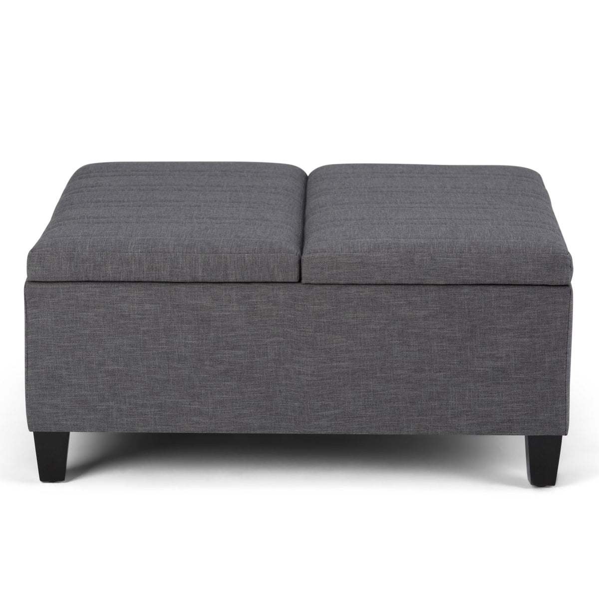Dark gray fabric coffee table storage ottoman with padded cushioned top and hinged lid