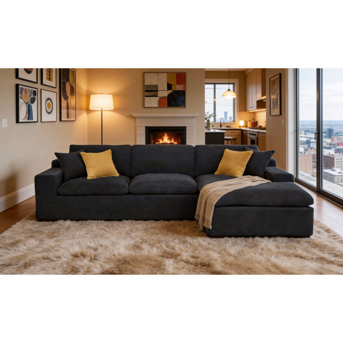 Dark gray sectional sofa with chaise and two mustard accent pillows