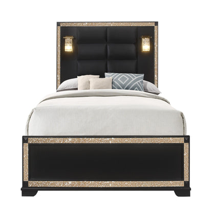 Black bed with built-in lamps, tufted headboard, upholstered base, white bedding