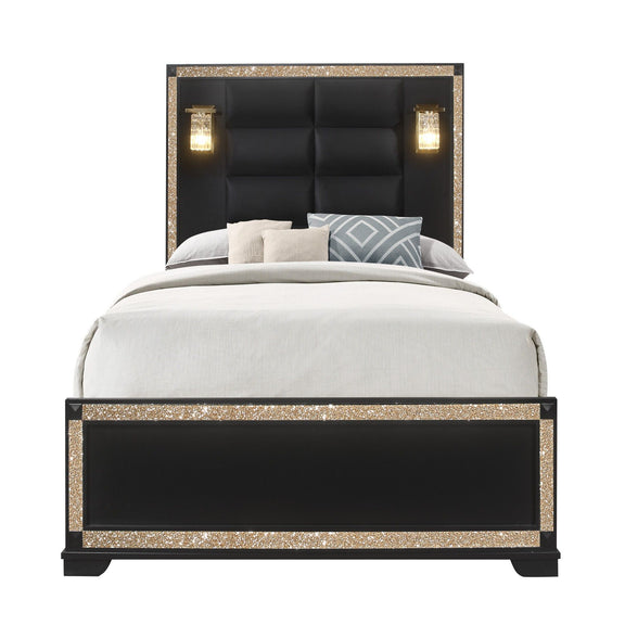 Black bed with built-in lamps, tufted headboard, upholstered base, white bedding