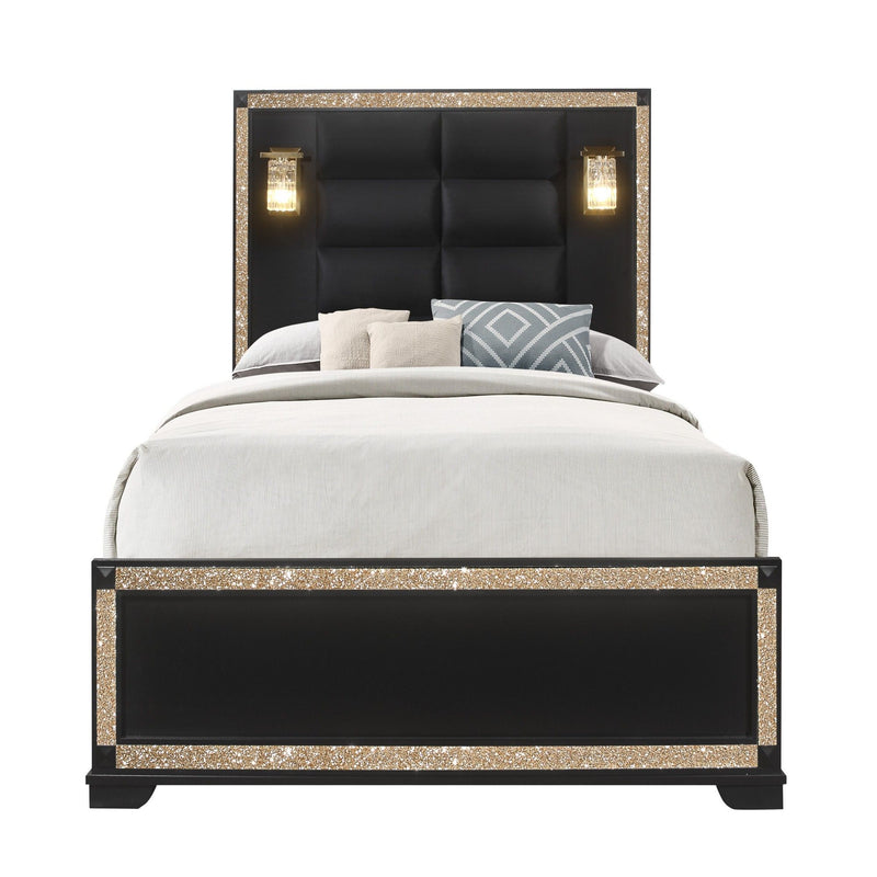 Black bed with built-in lamps, tufted headboard, upholstered base, white bedding