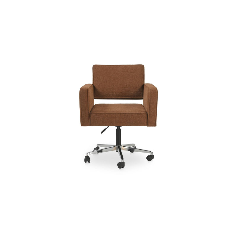 Burgundy upholstered office chair with tall back, armrests, and five-caster swivel base