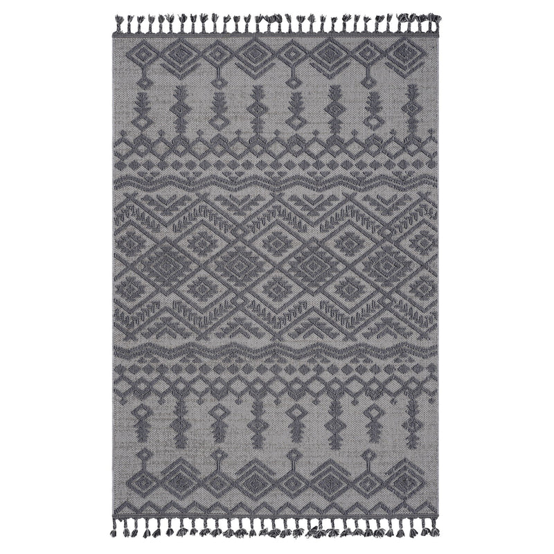 Geometric indoor/outdoor area rug, gray with white pattern and fringe tassels
