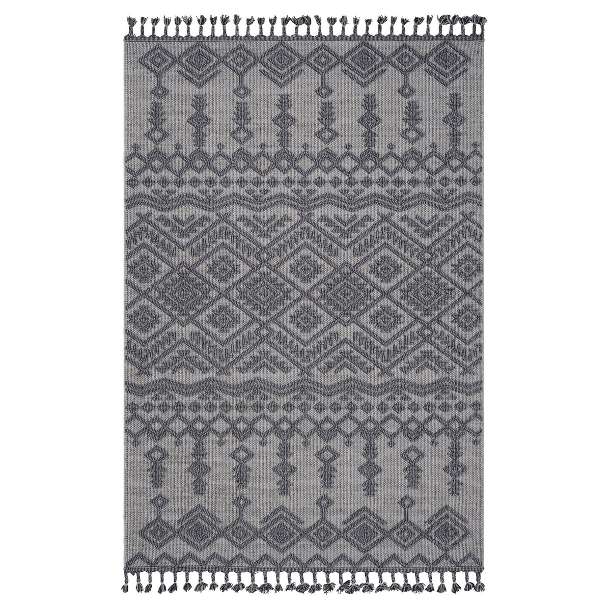 Gray and white traditional area rug with geometric medallion pattern and fringe