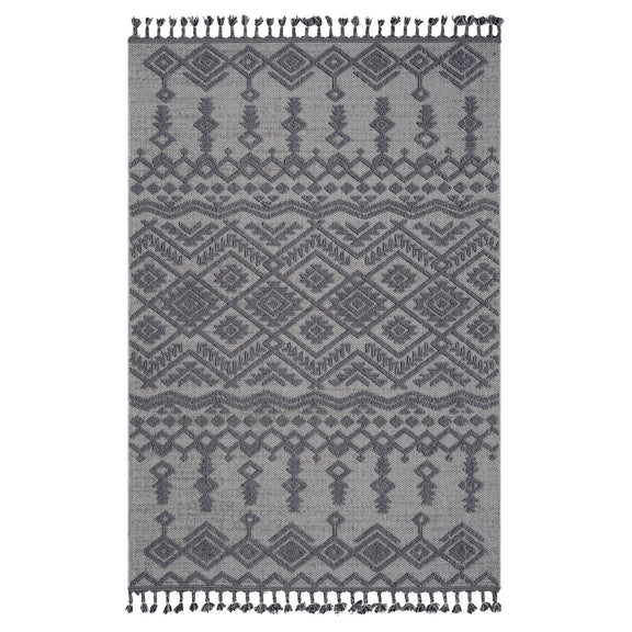Gray and white traditional area rug with geometric medallion pattern and fringe