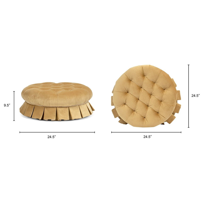Medium round tufted dog sofa bed with pleated base skirt, gold