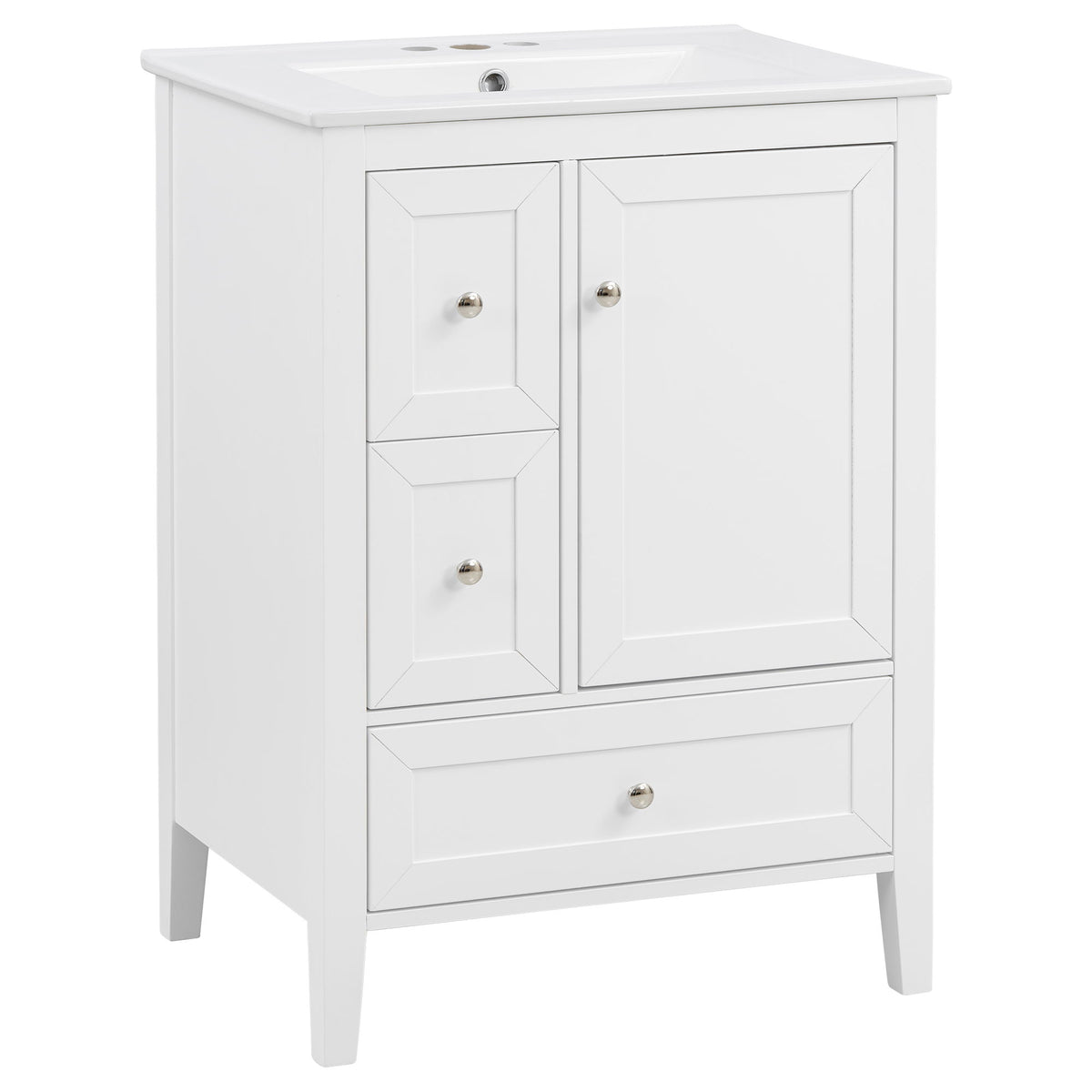 White bathroom vanity with sink top, double door cabinet, and one drawer