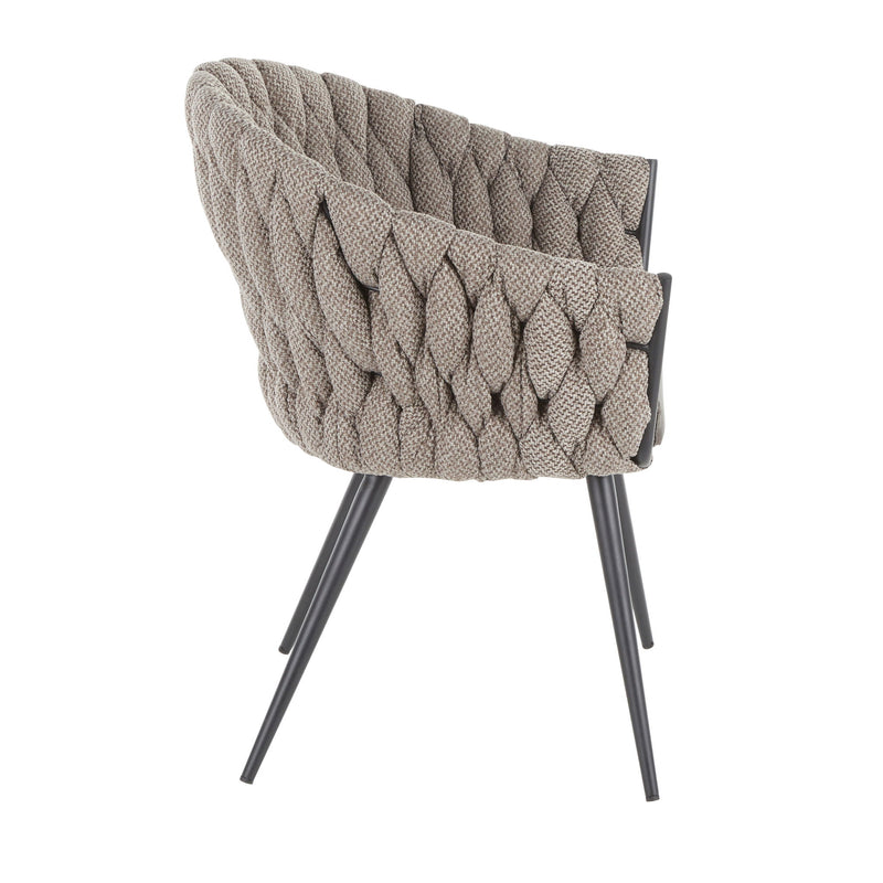 Dark gray braided contemporary chair with sculpted weave and taupe seat cushion