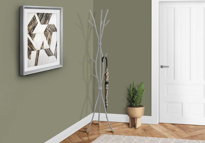 Gray free-standing coat rack with multiple curved hooks and tripod-style legs