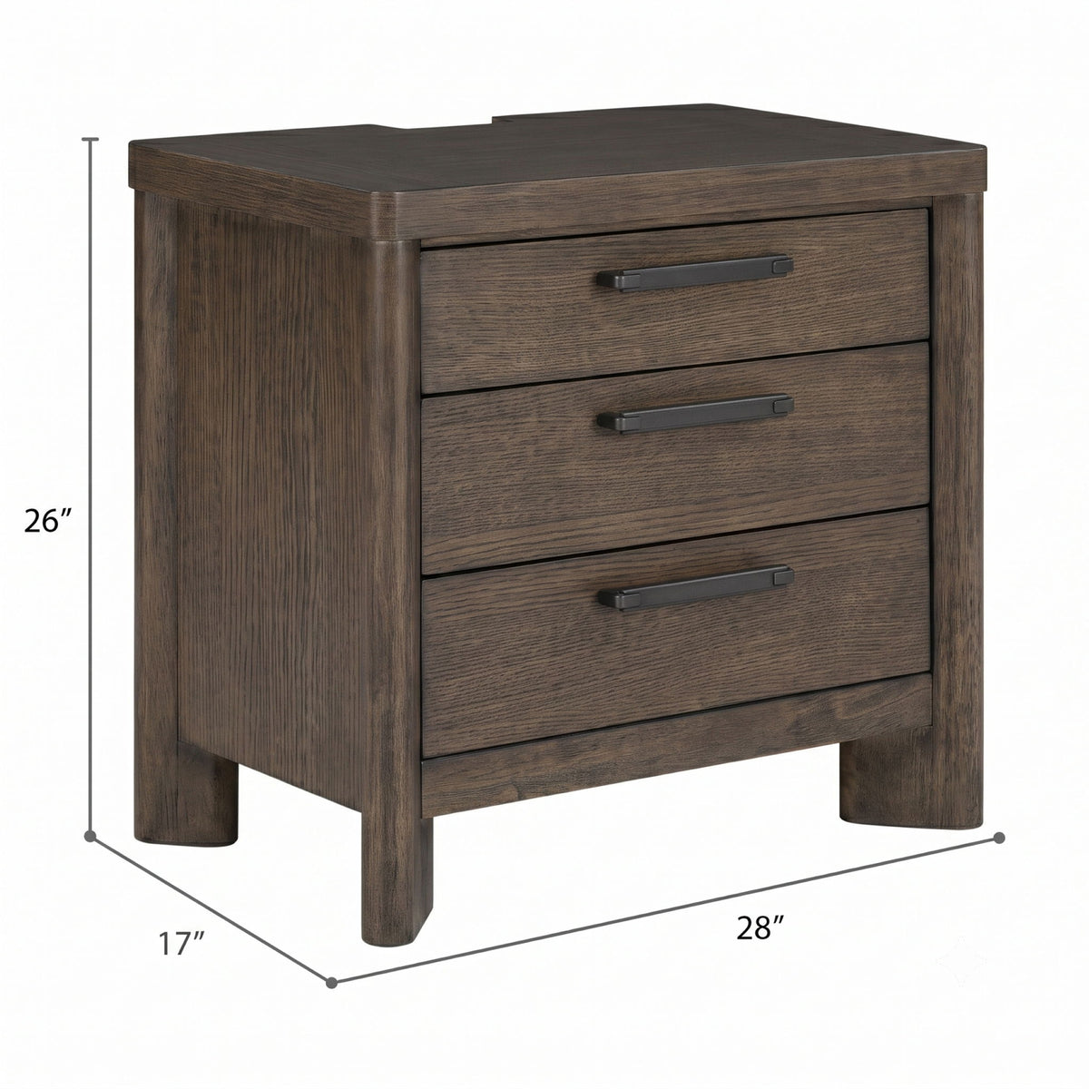Dark oak 3-drawer nightstand with bar pulls, angled front view