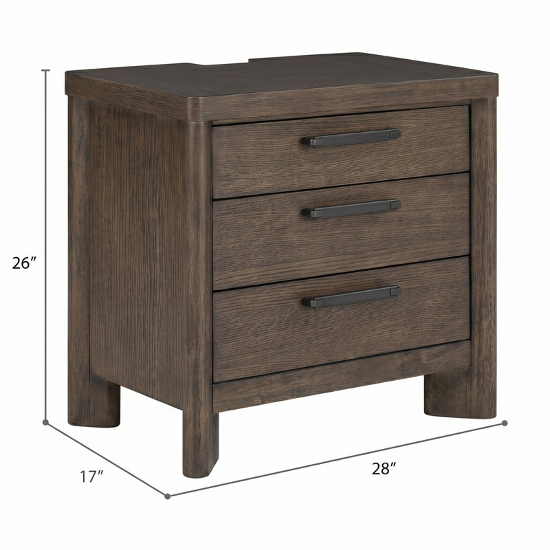 Dark oak 3-drawer nightstand with bar pulls, angled front view