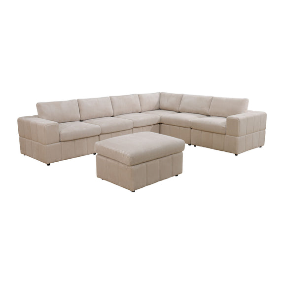 Beige modular sectional sofa with matching ottoman and plush block-style upholstery.