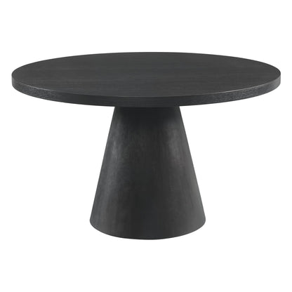 Black round dining table with tapered pedestal base