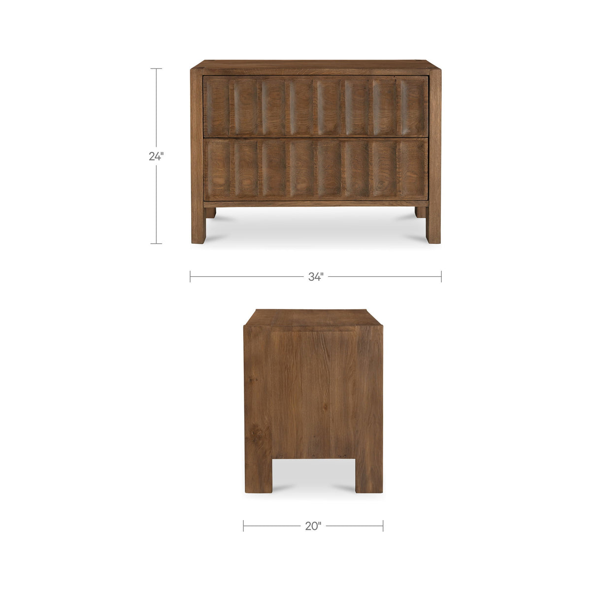 Brown wooden nightstand, front and side views, two-drawer design