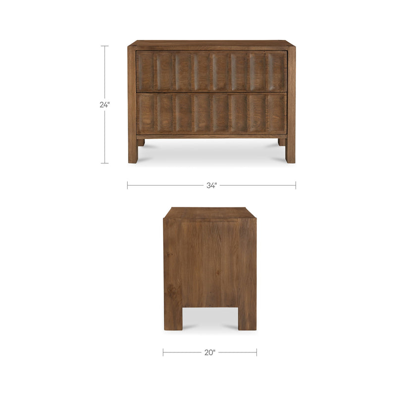 Brown wooden nightstand, front and side views, two-drawer design