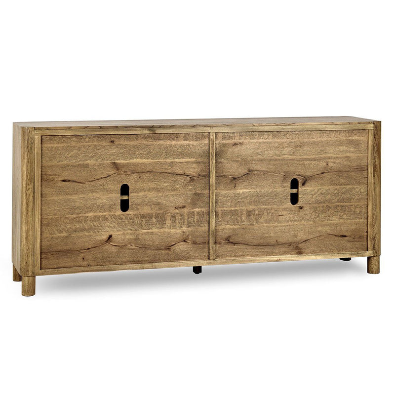 Natural wood four-door sideboard with black oval pulls and visible panel door texture
