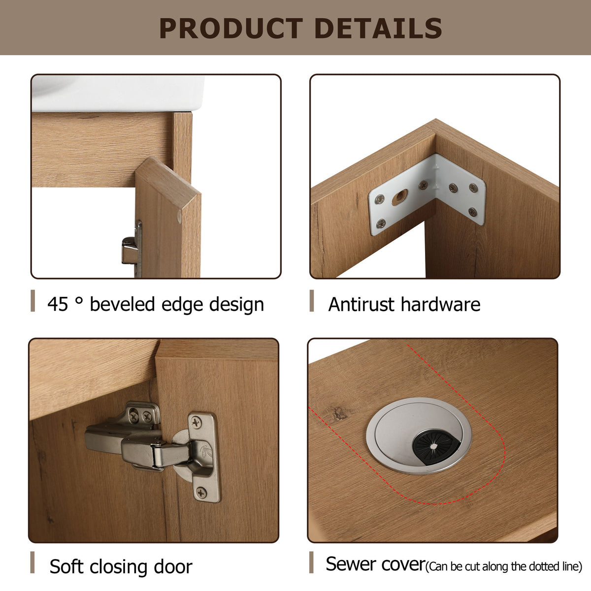 Light wood vanity corner showing 45-degree bevel edge, antirust hardware, and soft-closing door