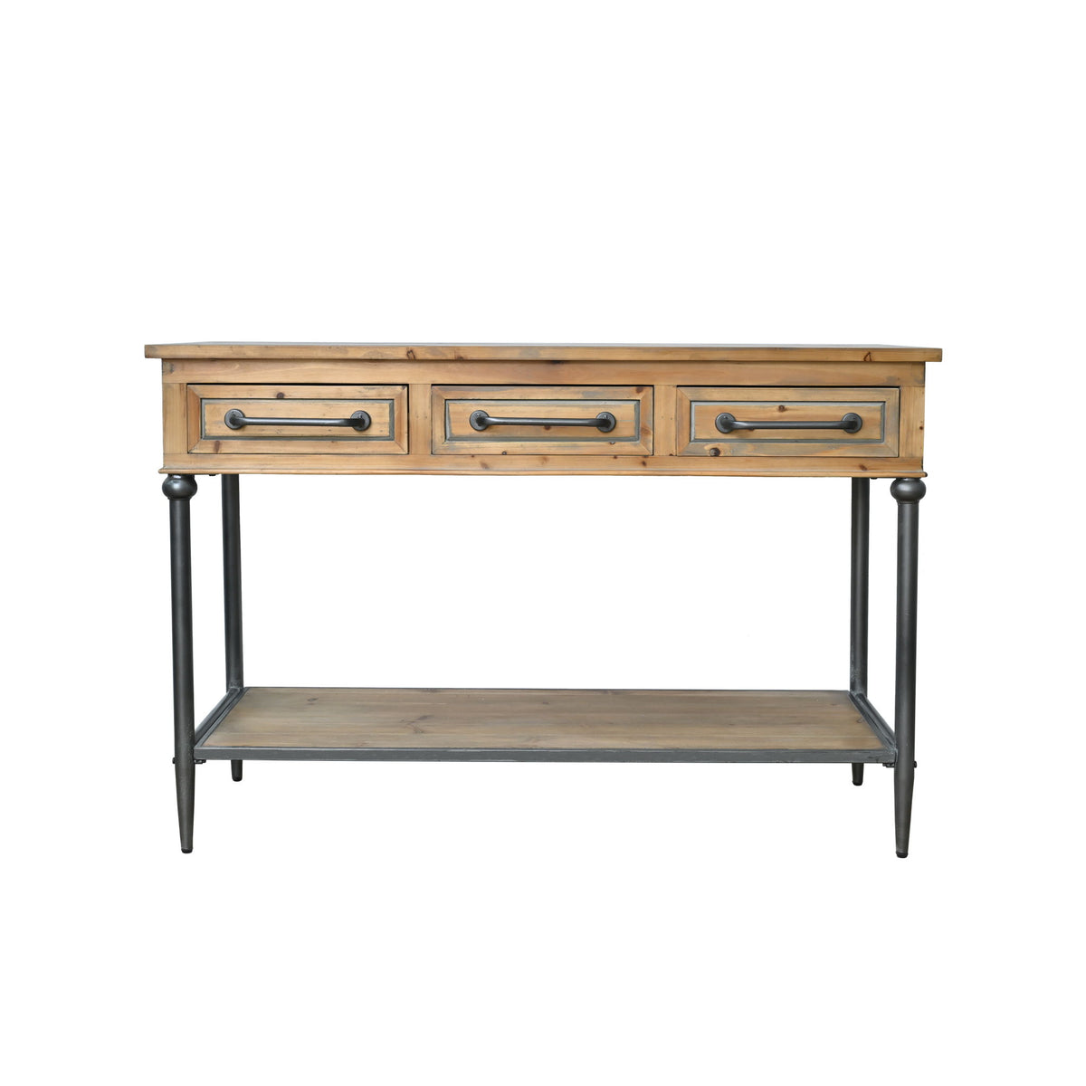 Natural wood console table with three drawers, open shelf, and dark metal legs