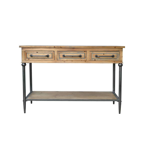 Natural wood console table with three drawers, open shelf, and dark metal legs