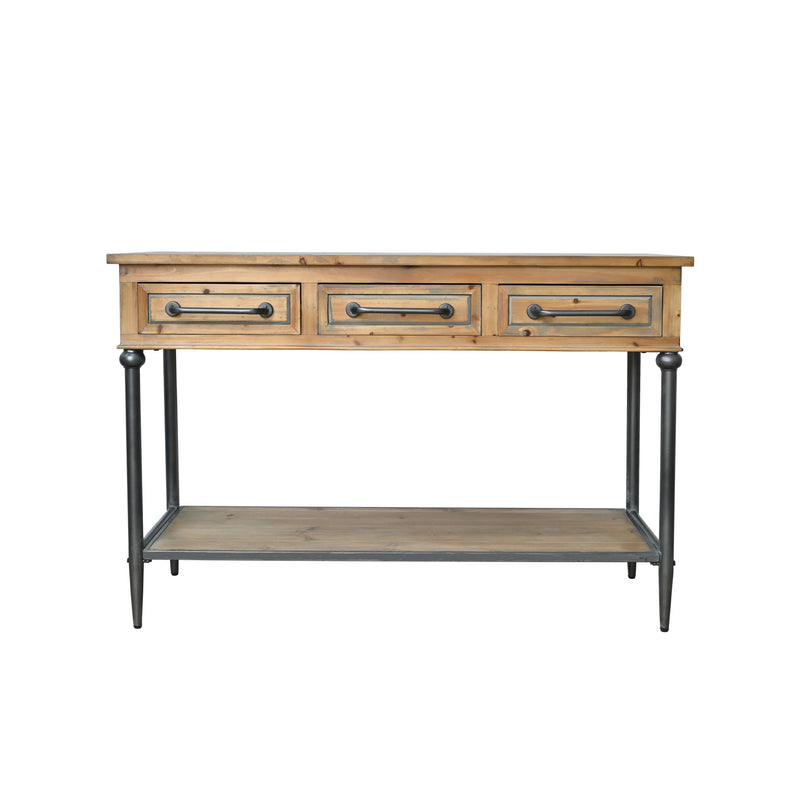 Natural wood console table with three drawers, open shelf, and dark metal legs