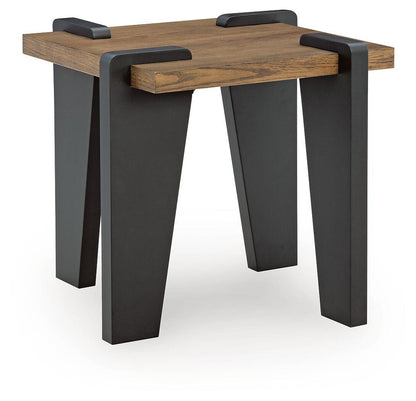 Rectangular end table with walnut wood top and black angled legs, square corners