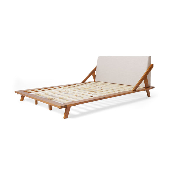 Fabric upholstered bed with beige headboard, acacia wood frame and slatted base