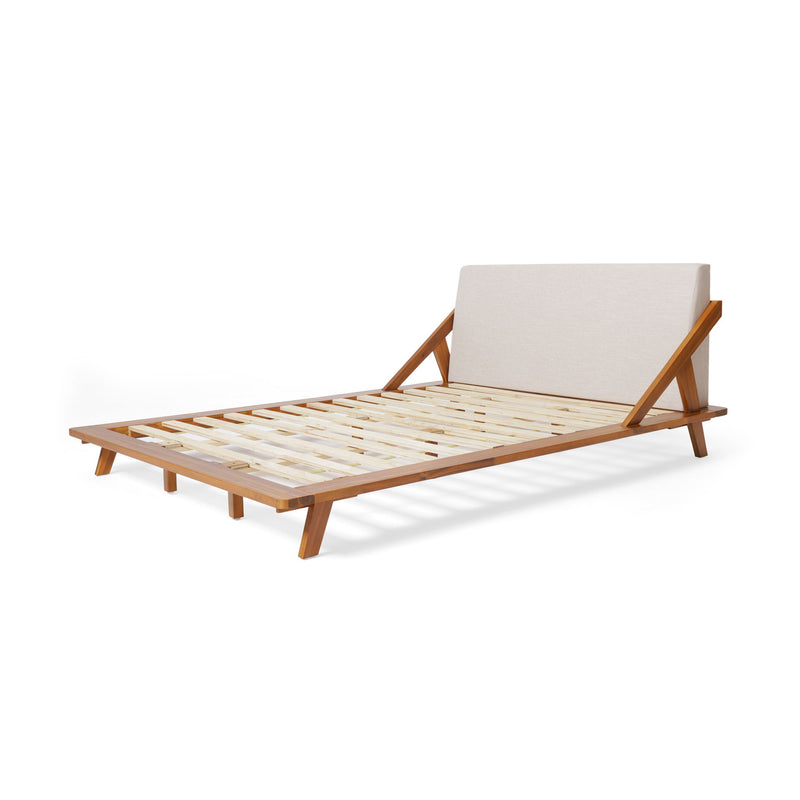 Fabric upholstered bed with beige headboard, acacia wood frame and slatted base