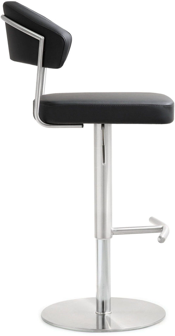 Black upholstered stainless steel barstool with curved back and footrest bar