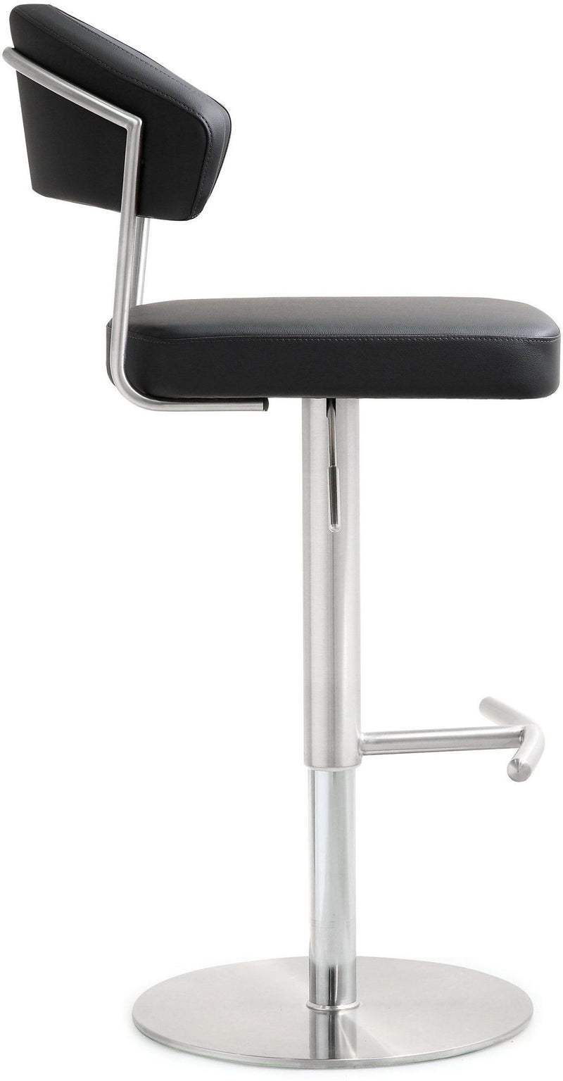 Black upholstered stainless steel barstool with curved back and footrest bar