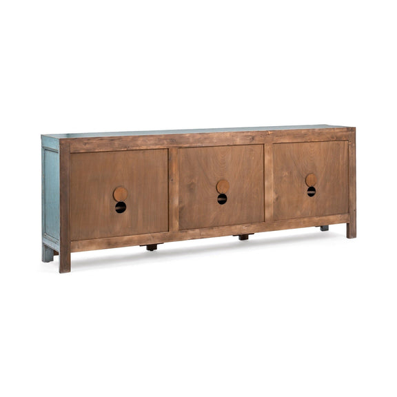 Wood sideboard cabinet with three cabinet doors and oval metal pulls