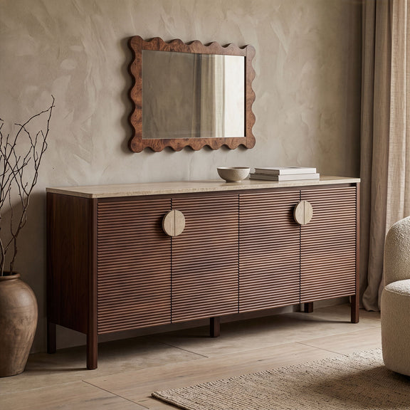 Varenna acacia wood sideboard, dark brown, 4-door cabinet with round handles