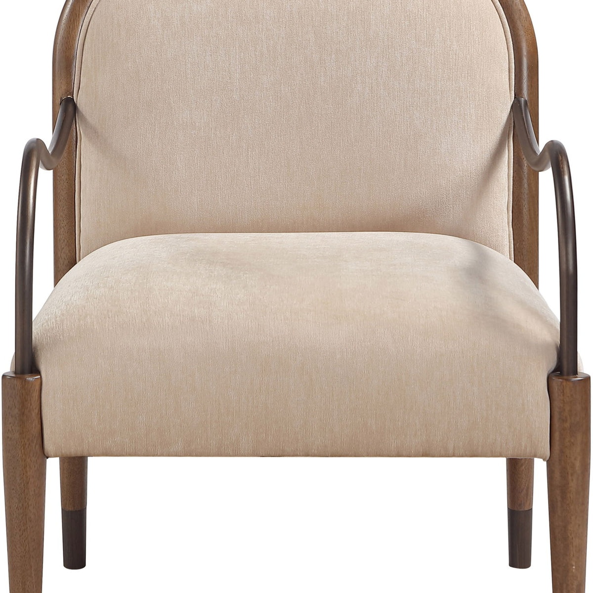 Beige fabric-upholstered accent chair with rounded back and curved metal arms