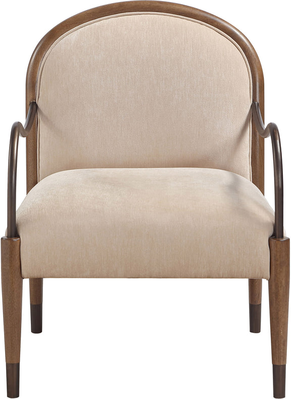 Beige fabric-upholstered accent chair with rounded back and curved metal arms