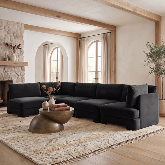 Dark charcoal velvet L-shaped sectional sofa with chaise and deep seat cushions
