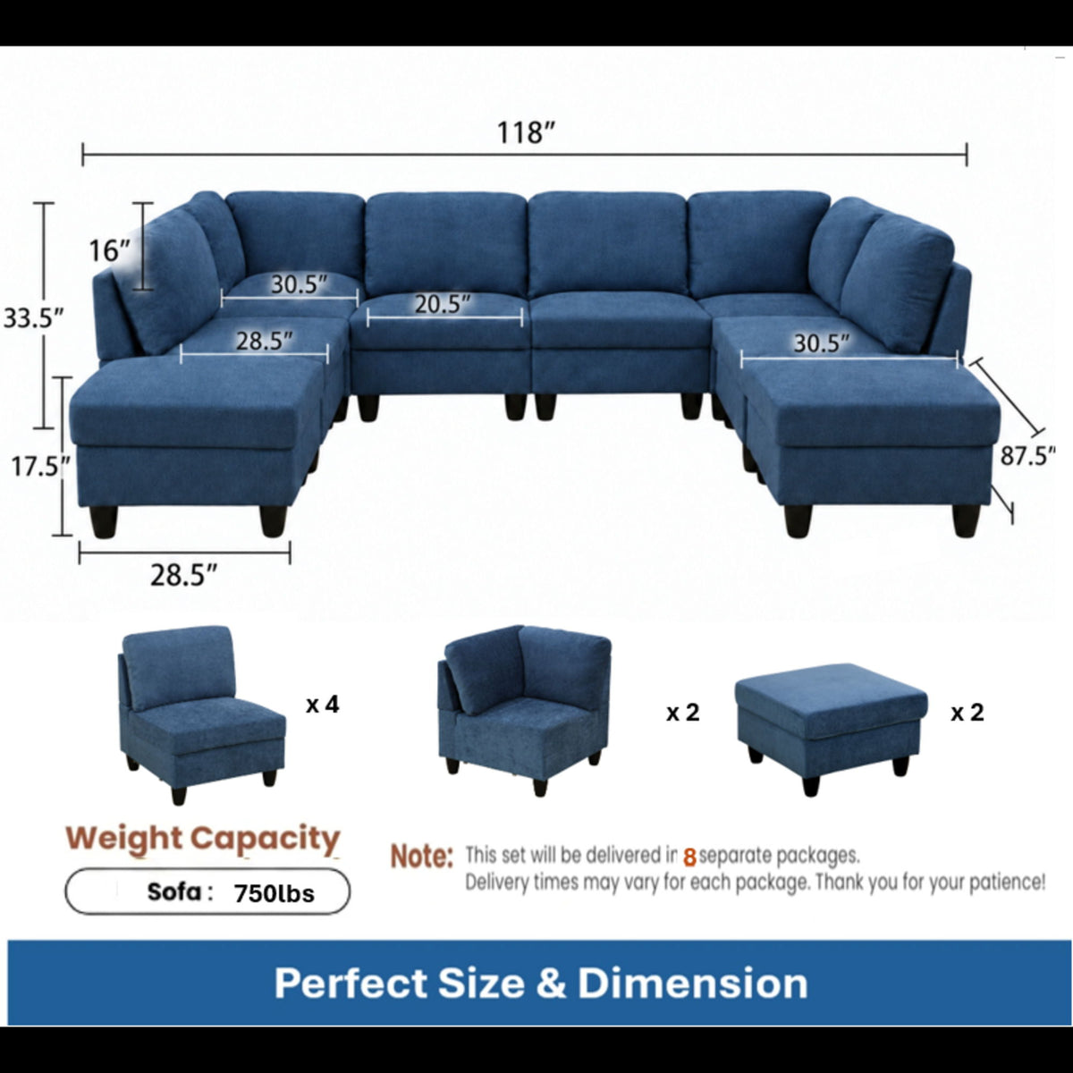 Blue U-shape sectional sofa dimension diagram with seat and chaise measurements