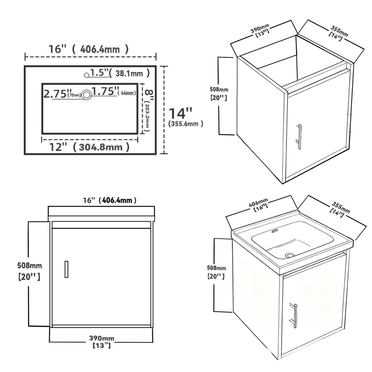 Bathroom vanity size diagram with wall-mounted cabinet, sink, and single door
