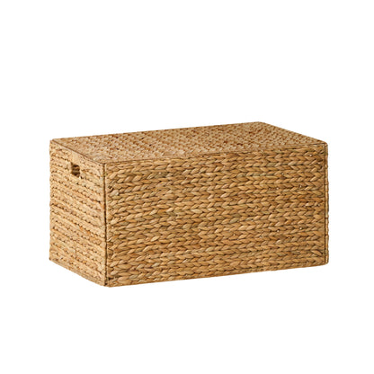 Woven storage trunk showing its textured sides and closed lid