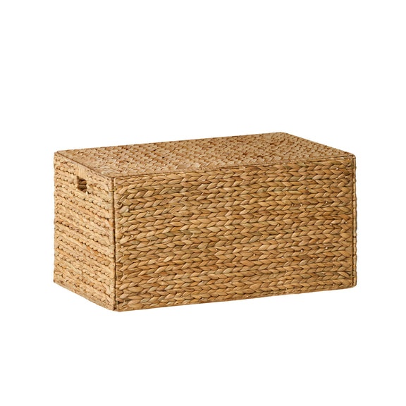 Woven storage trunk showing its textured sides and closed lid