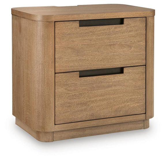 Light brown two-drawer night stand with dark pull handles and squared frame.