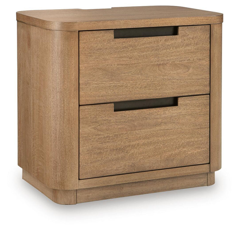 Light brown two-drawer night stand with dark pull handles and squared frame.