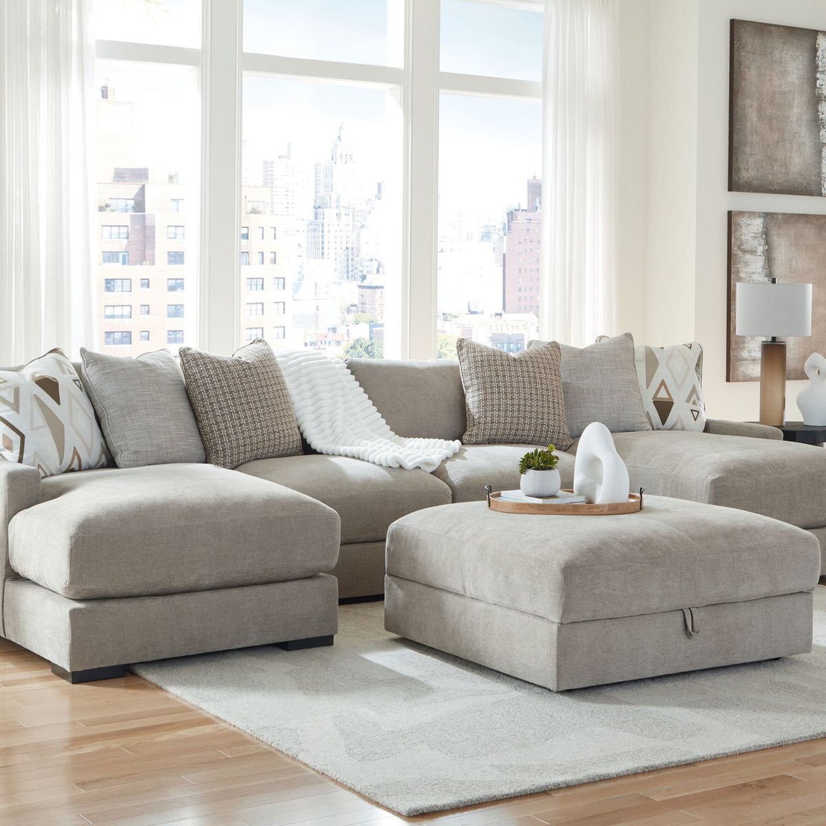 Aslan Court - 5 Pc. - 4-Piece Sofa Pit Sectional, Ottoman - Pebble