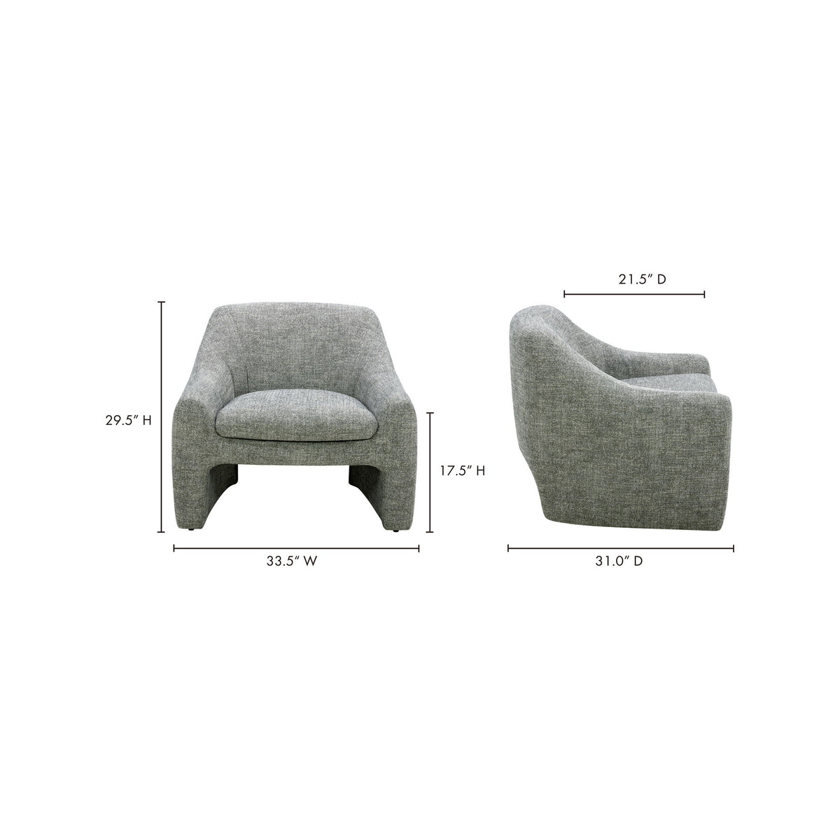 Accent chair dimensions view with textured upholstery, rounded arms and padded seat