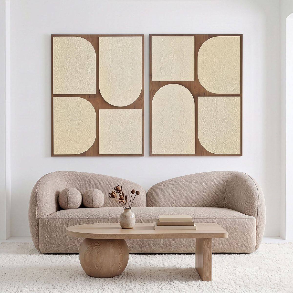 Two-piece wall art set with warm wood frames and beige abstract rounded panels.