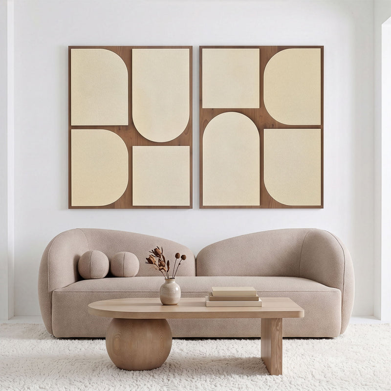 Two-piece wall art set with warm wood frames and beige abstract rounded panels.