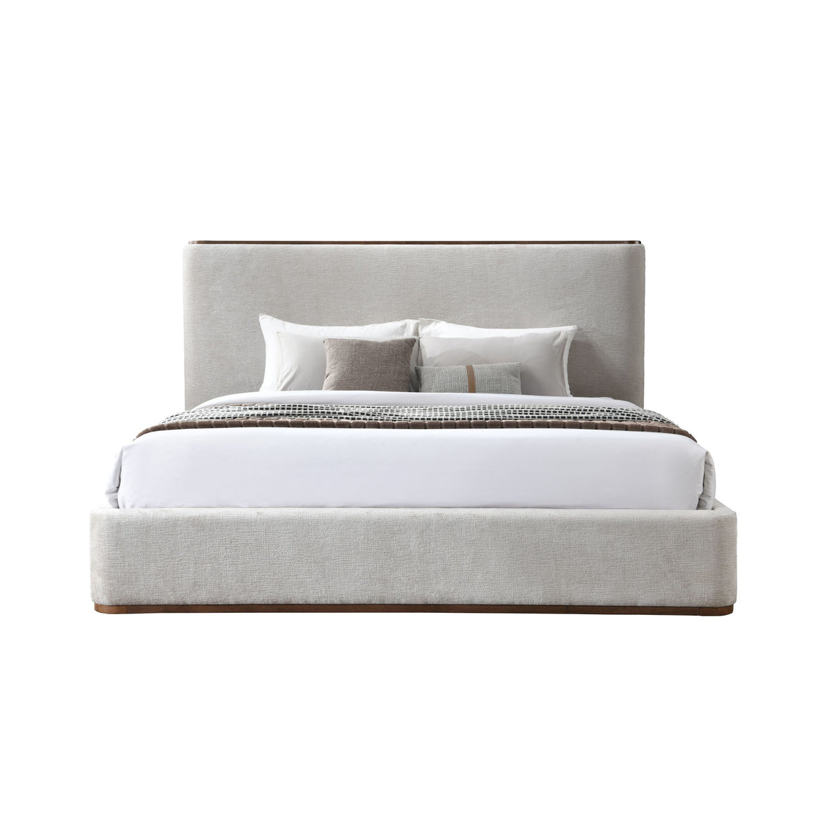 Light gray upholstered bed with white sheet and pillows, slatted base