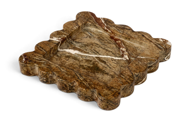 Light brown genuine marble tray with scalloped edges and veined finish